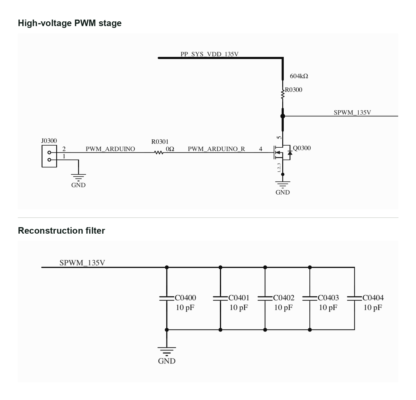 High-voltage PWM and reconstruction-filter schematics